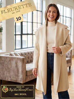 FLEURETTE Women's Loro Piana Wool Open Front Swing Coat Cream 10 USA